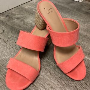 Target peach faux suede and straw heeled sandals